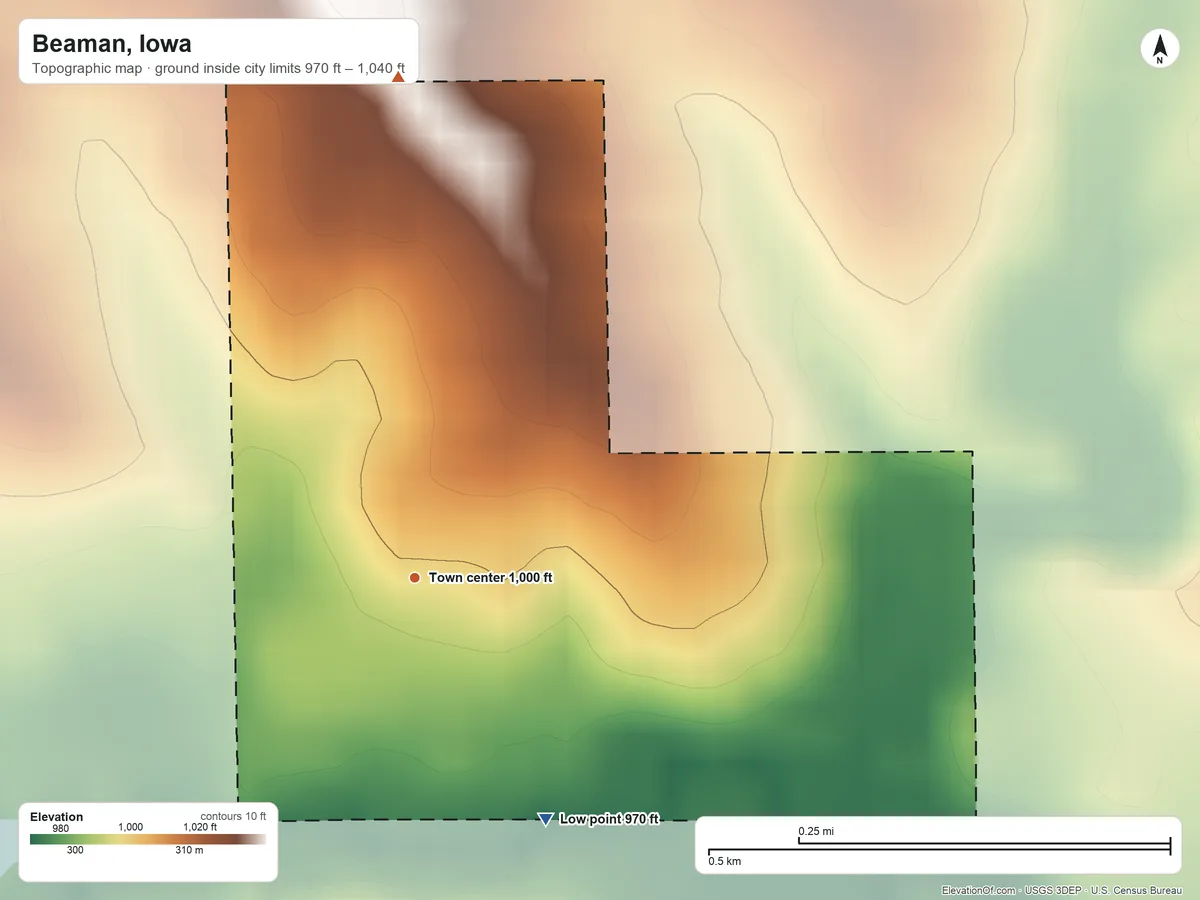 Topographic elevation map of Beaman, Iowa, shaded from 970 ft on the southeast side to 1,040 ft on the north side