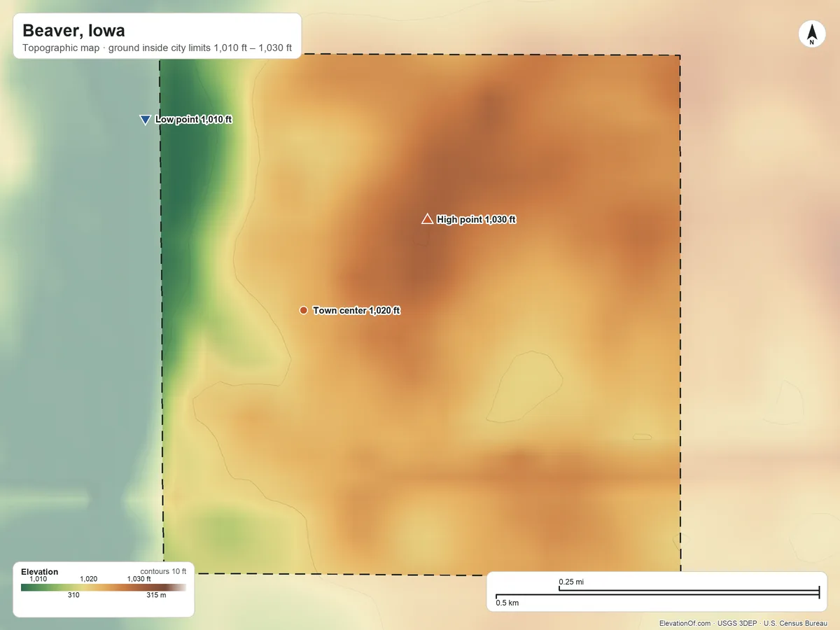 Topographic elevation map of Beaver, Iowa, shaded from 1,010 ft on the northwest side to 1,030 ft on the northeast side