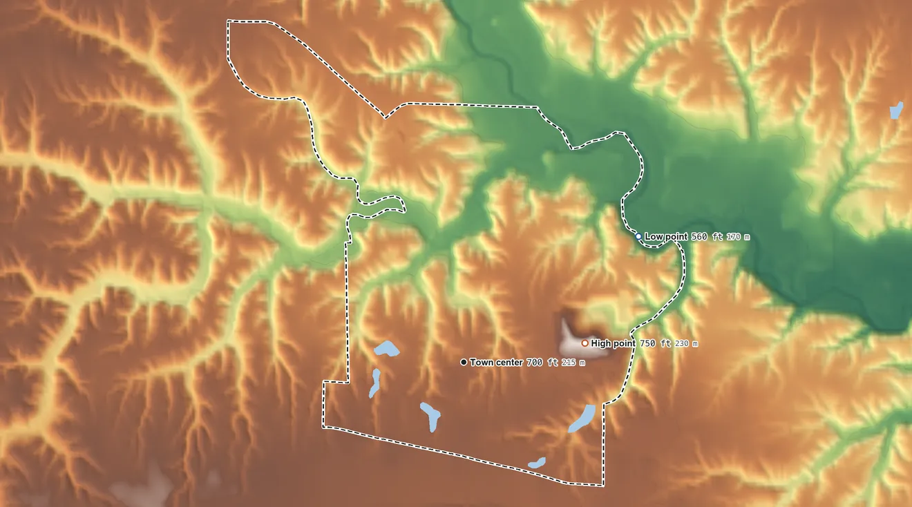 Topographic elevation map of Beaverdale, Iowa, shaded from 560 ft on the northeast side to 750 ft on the east side