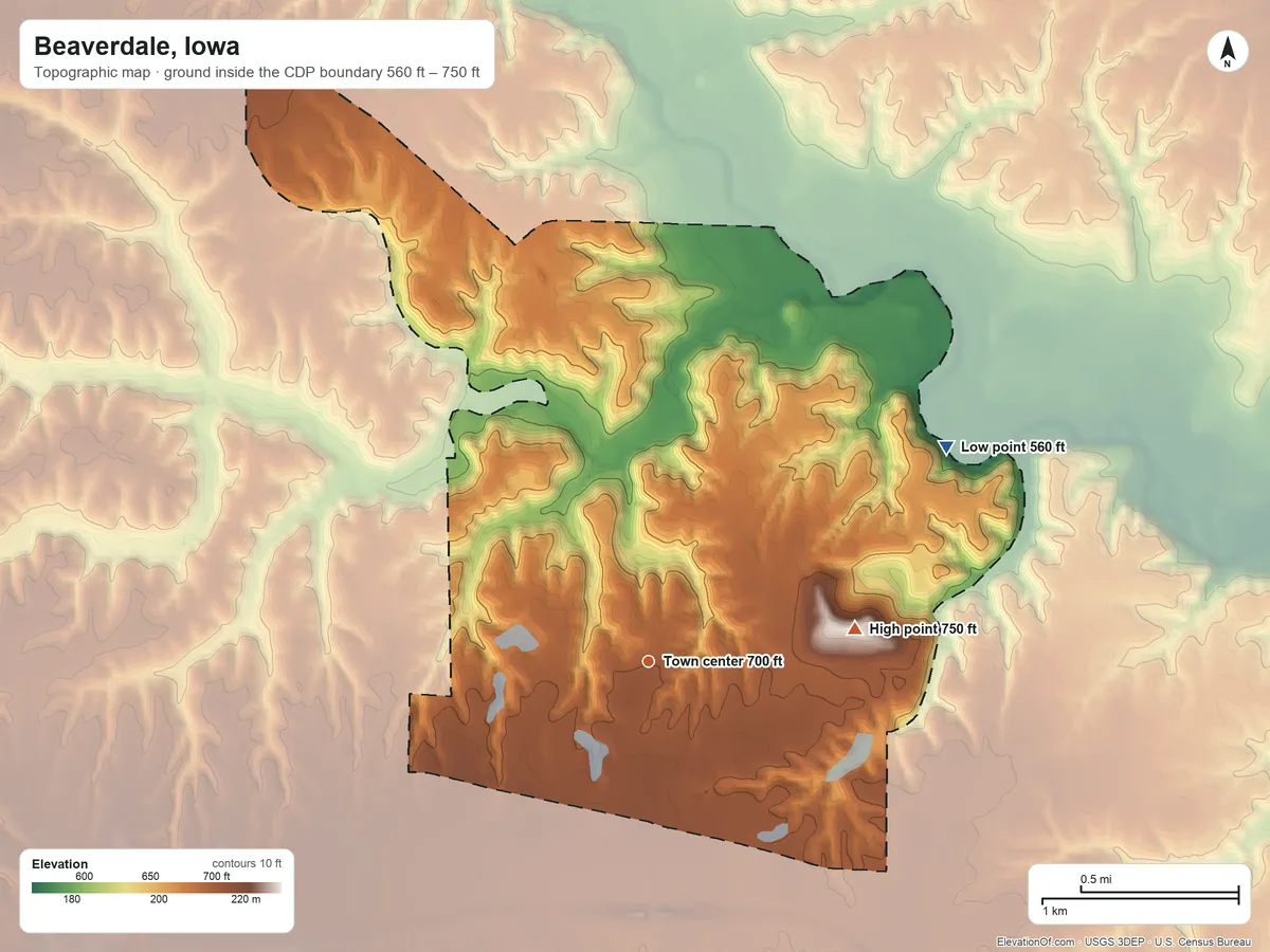 Topographic elevation map of Beaverdale, Iowa, shaded from 560 ft on the northeast side to 750 ft on the east side
