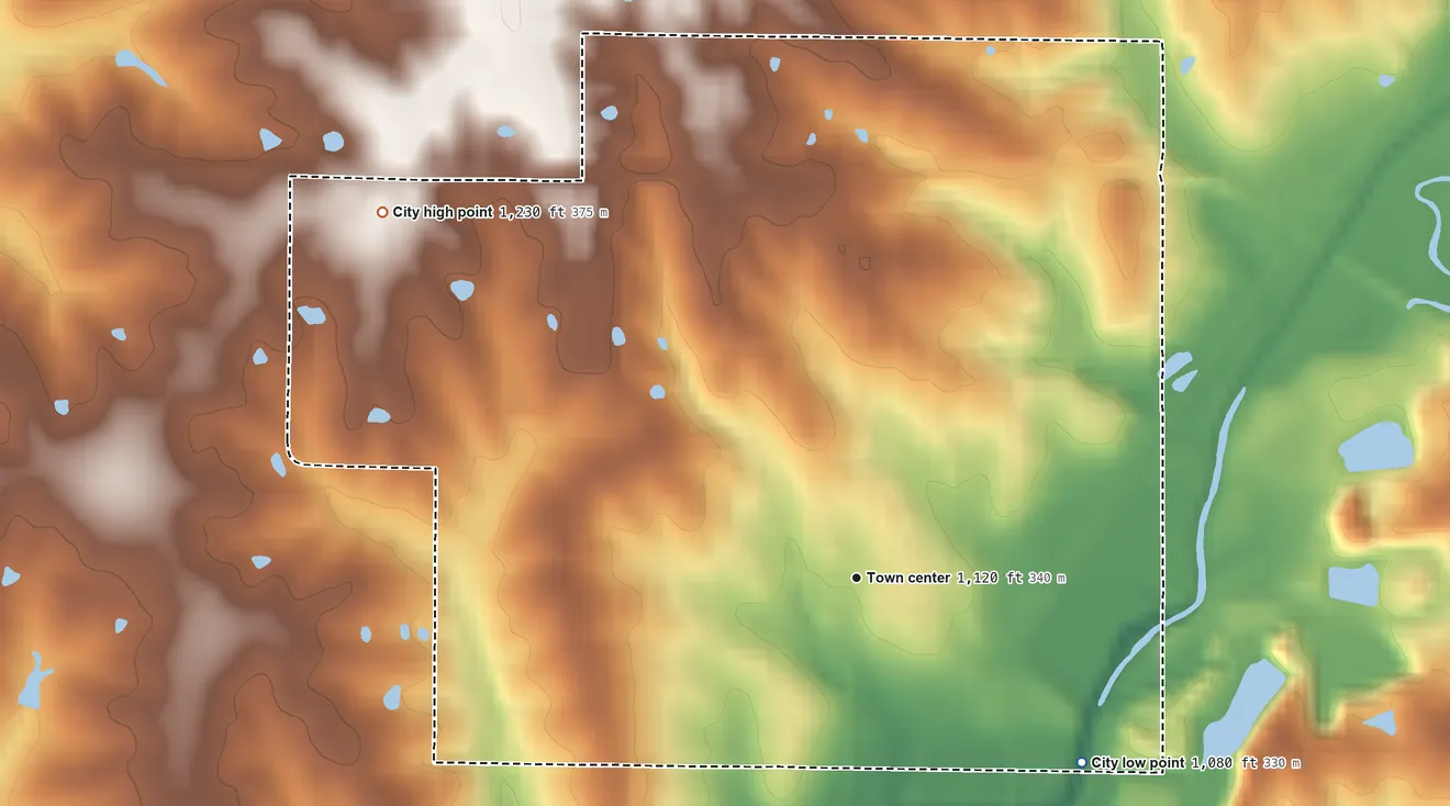 Topographic elevation map of Bedford, Iowa, shaded from 1,080 ft on the southeast side to 1,230 ft on the northwest side