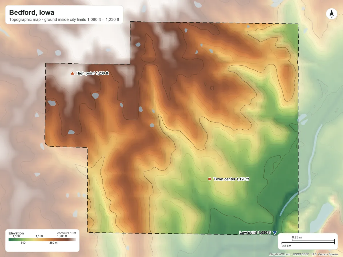 Topographic elevation map of Bedford, Iowa, shaded from 1,080 ft on the southeast side to 1,230 ft on the northwest side