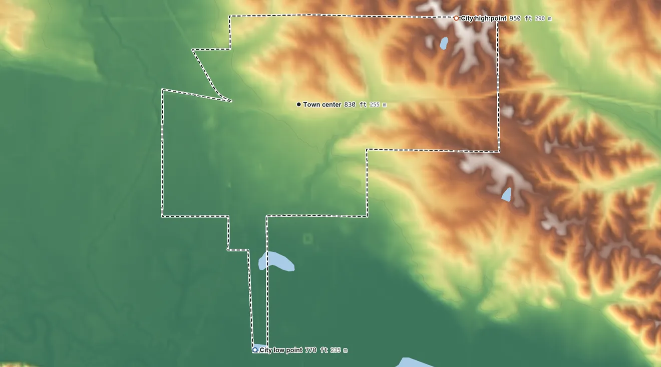 Topographic elevation map of Belle Plaine, Iowa, shaded from 770 ft on the south side to 950 ft on the northeast side