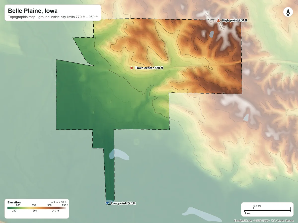 Topographic elevation map of Belle Plaine, Iowa, shaded from 770 ft on the south side to 950 ft on the northeast side