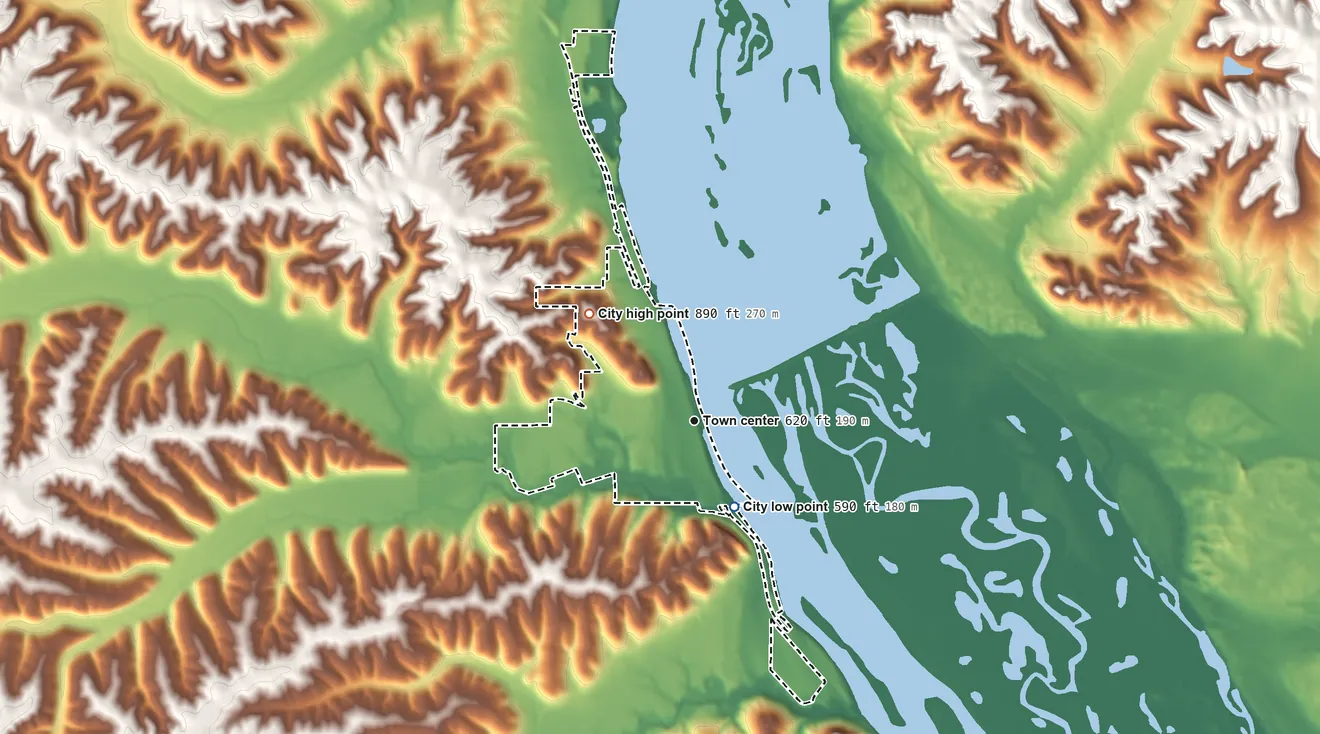 Topographic elevation map of Bellevue, Iowa, shaded from 590 ft on the southeast side to 890 ft on the northwest side