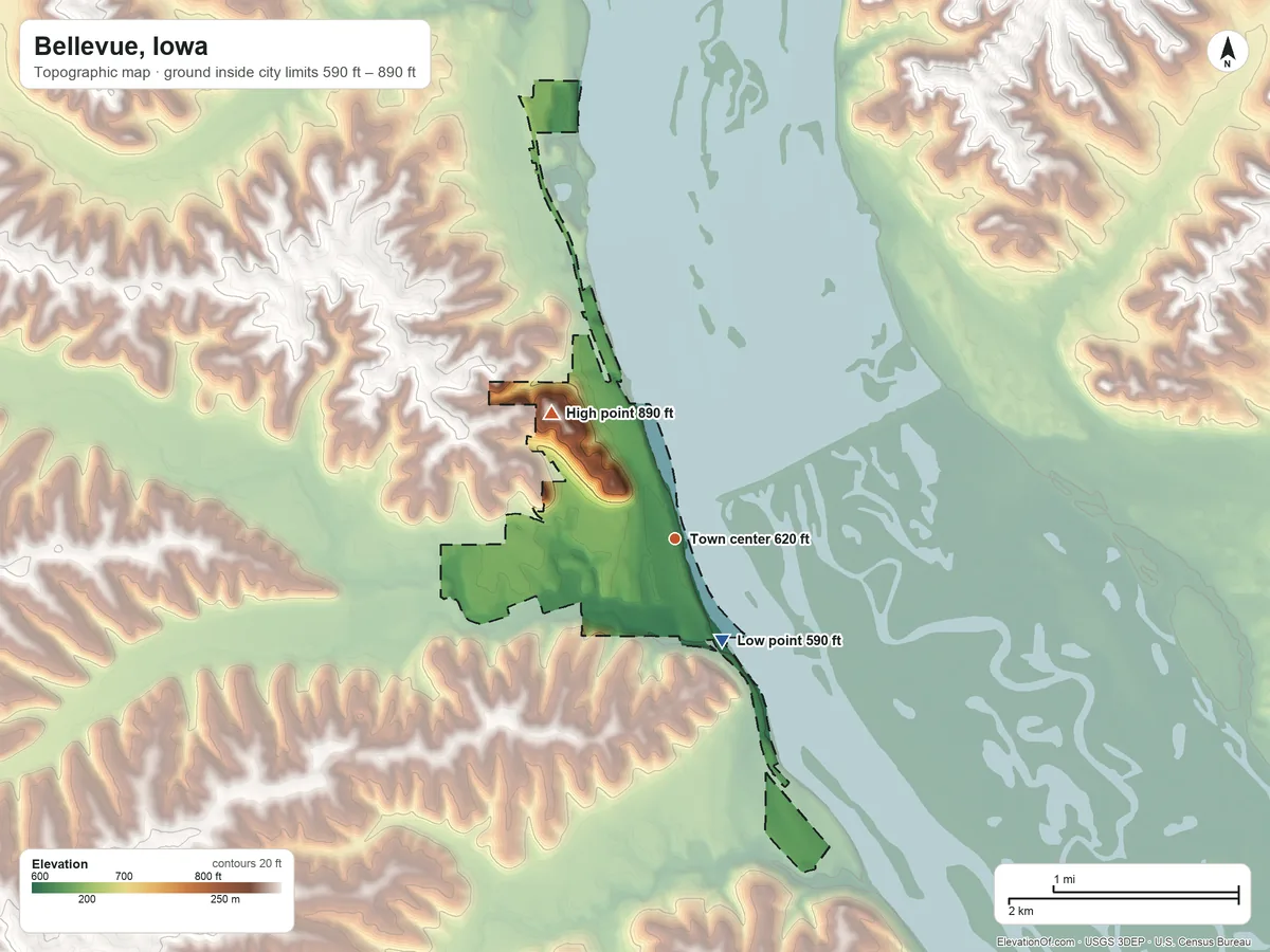Topographic elevation map of Bellevue, Iowa, shaded from 590 ft on the southeast side to 890 ft on the northwest side