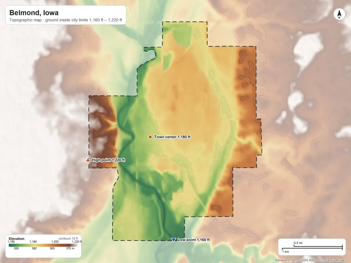 Topographic elevation map of Belmond, Iowa, shaded from 1,160 ft on the south side to 1,220 ft on the west side
