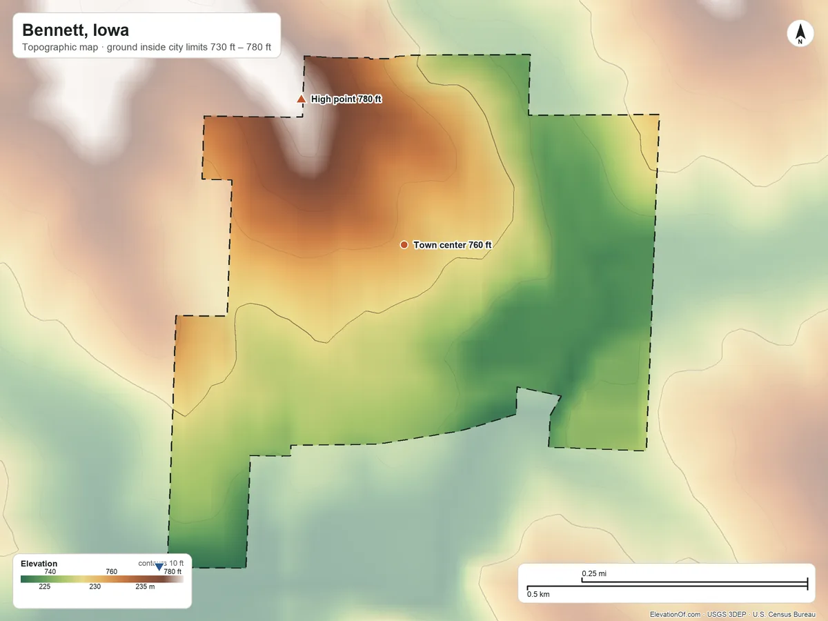 Topographic elevation map of Bennett, Iowa, shaded from 730 ft on the southwest side to 780 ft on the northwest side