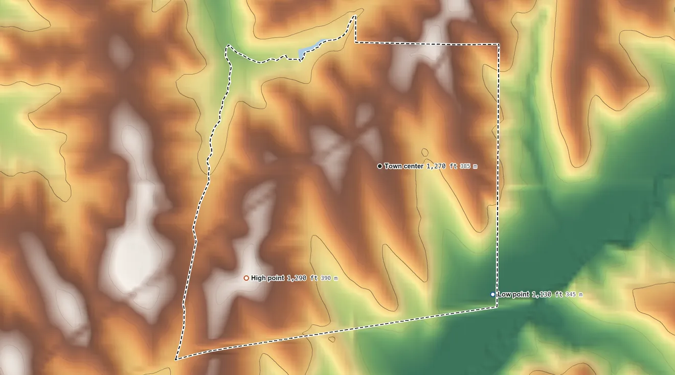 Topographic elevation map of Bentley, Iowa, shaded from 1,130 ft on the southeast side to 1,290 ft on the southwest side