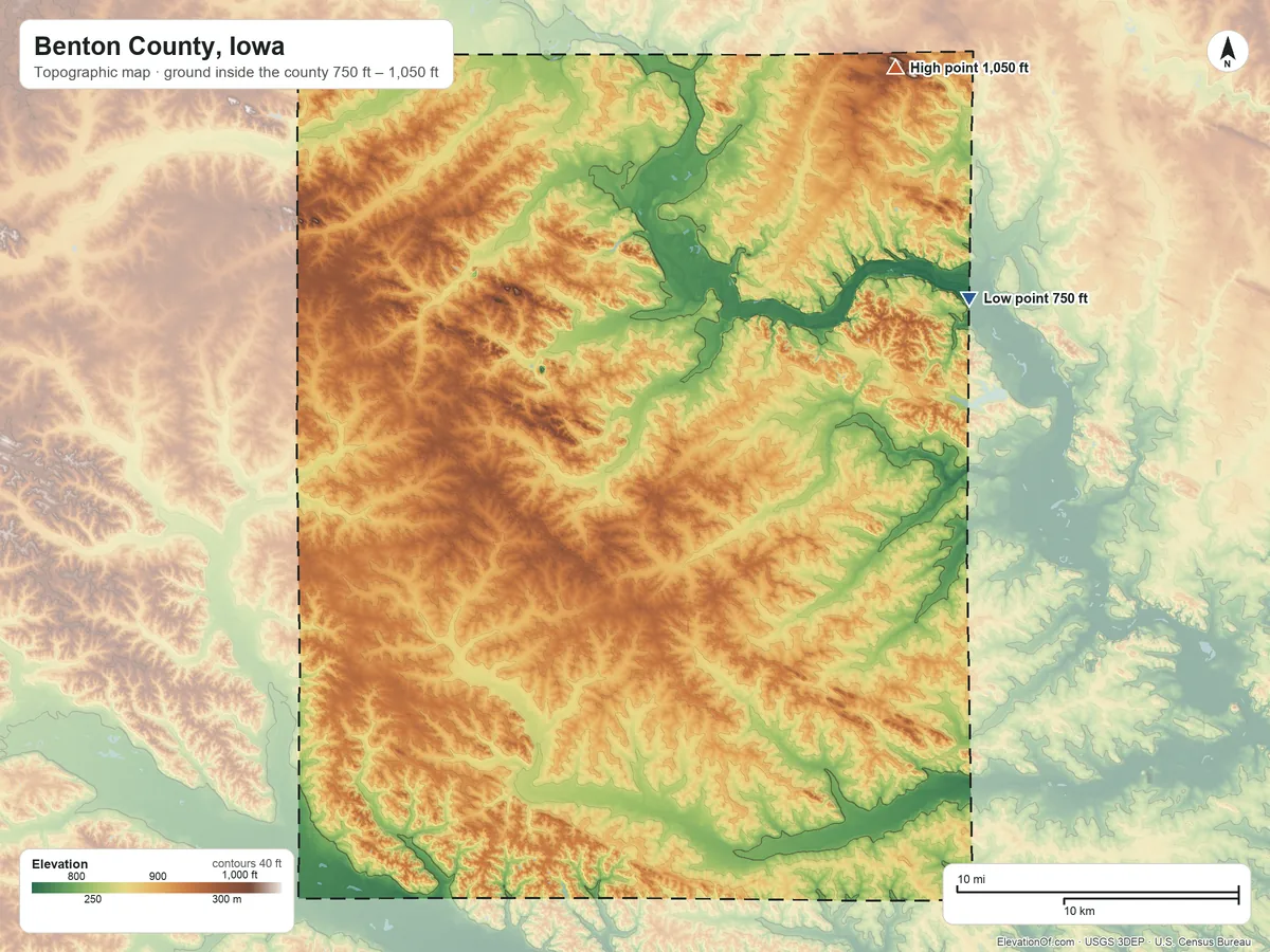 Topographic elevation map of Benton County, Iowa, shaded from 750 ft on the northeast side to 1,050 ft on the northeast side