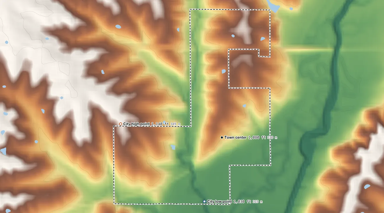 Topographic elevation map of Benton, Iowa, shaded from 1,030 ft on the south side to 1,140 ft on the west side