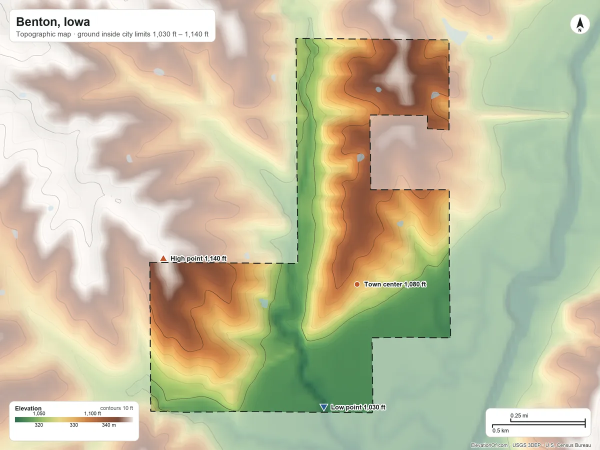 Topographic elevation map of Benton, Iowa, shaded from 1,030 ft on the south side to 1,140 ft on the west side