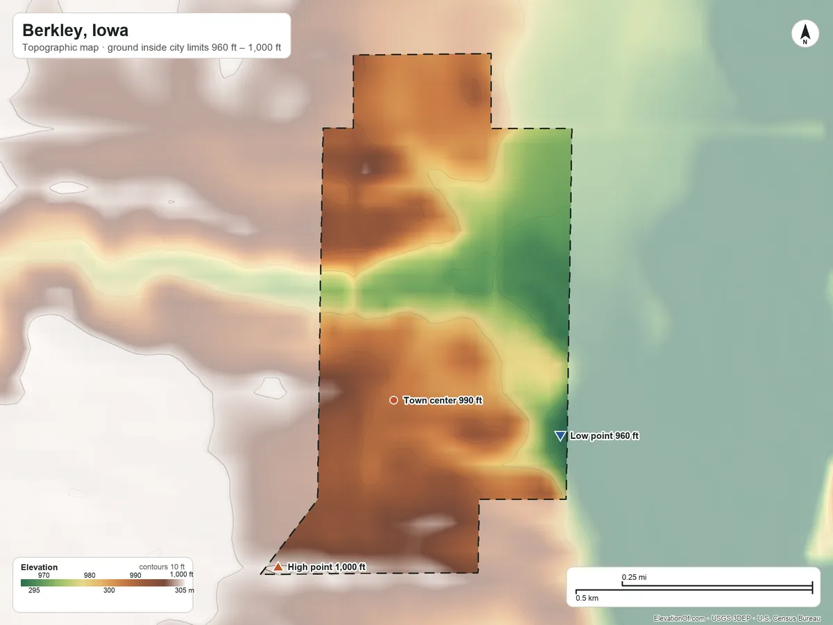 Topographic elevation map of Berkley, Iowa, shaded from 960 ft on the east side to 1,000 ft on the southwest side