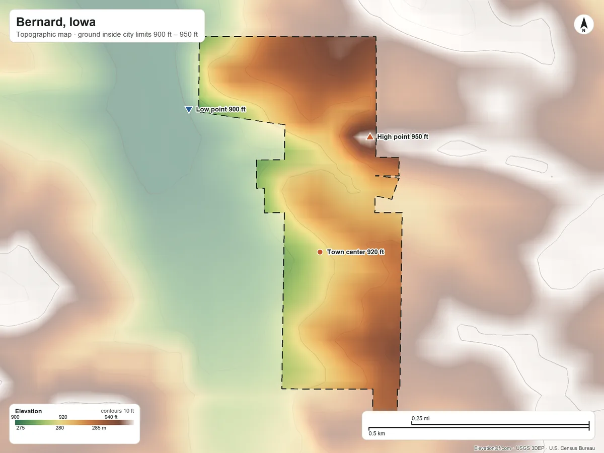 Topographic elevation map of Bernard, Iowa, shaded from 900 ft on the northwest side to 950 ft on the northeast side