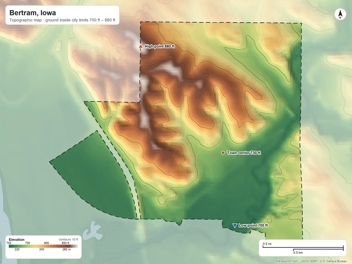 Topographic elevation map of Bertram, Iowa, shaded from 700 ft on the south side to 880 ft on the northwest side