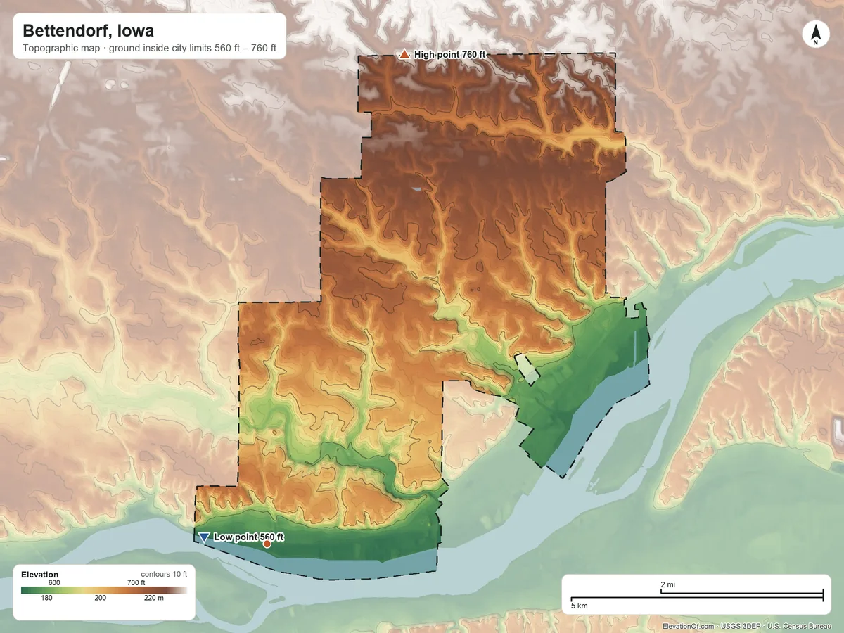 Topographic elevation map of Bettendorf, Iowa, shaded from 560 ft near the middle to 760 ft on the north side
