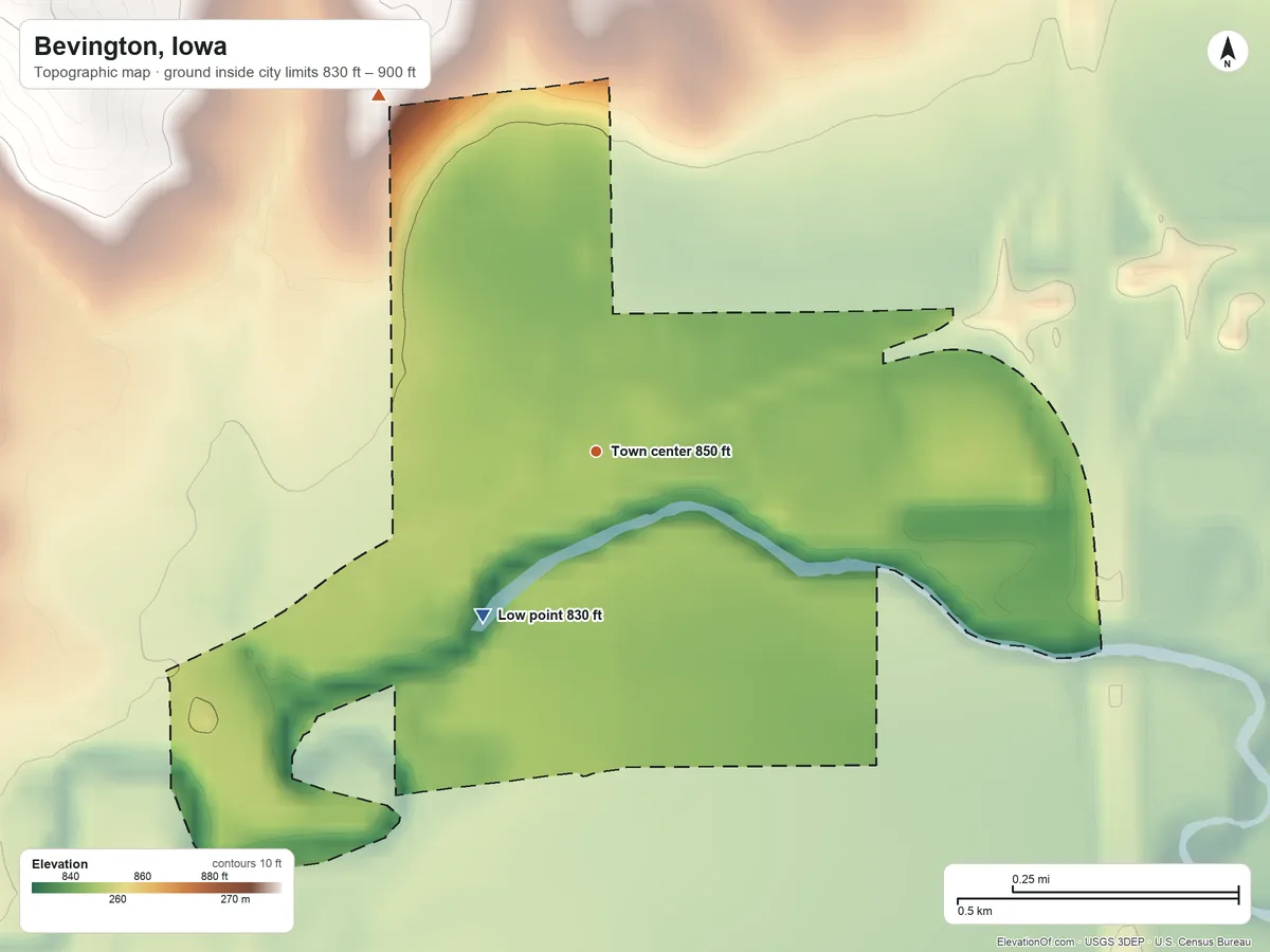 Topographic elevation map of Bevington, Iowa, shaded from 830 ft on the southwest side to 900 ft on the northwest side