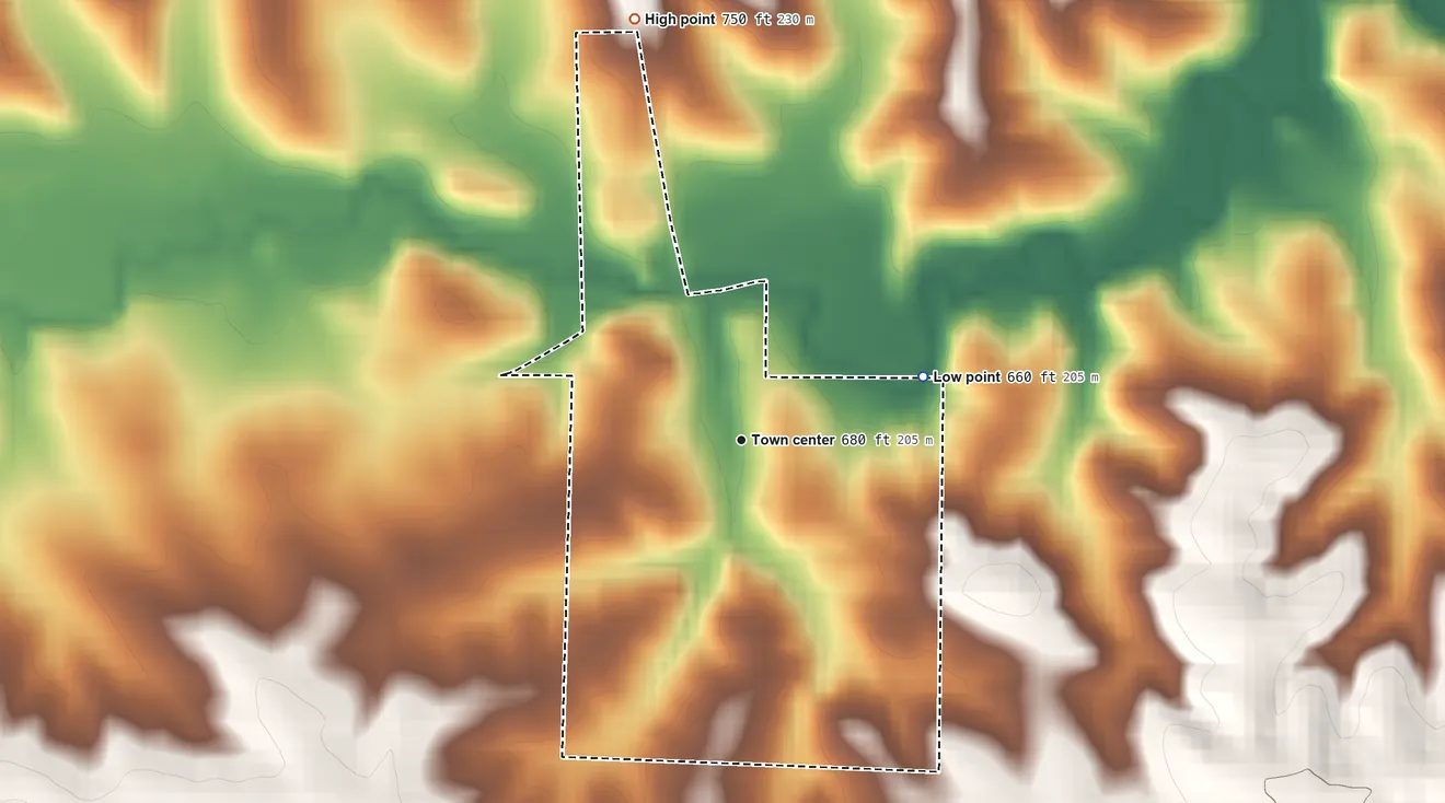 Topographic elevation map of Big Rock, Iowa, shaded from 660 ft on the east side to 750 ft on the north side
