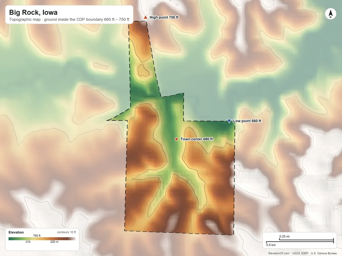Topographic elevation map of Big Rock, Iowa, shaded from 660 ft on the east side to 750 ft on the north side