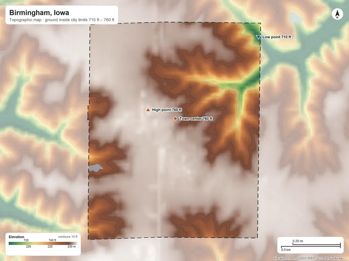 Topographic elevation map of Birmingham, Iowa, shaded from 710 ft on the northeast side to 760 ft on the west side