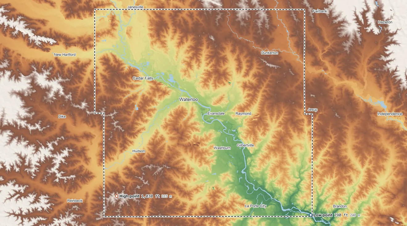 Topographic elevation map of Black Hawk County, Iowa, shaded from 790 ft on the southeast side to 1,030 ft on the southwest side