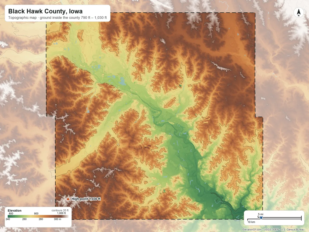 Topographic elevation map of Black Hawk County, Iowa, shaded from 790 ft on the southeast side to 1,030 ft on the southwest side
