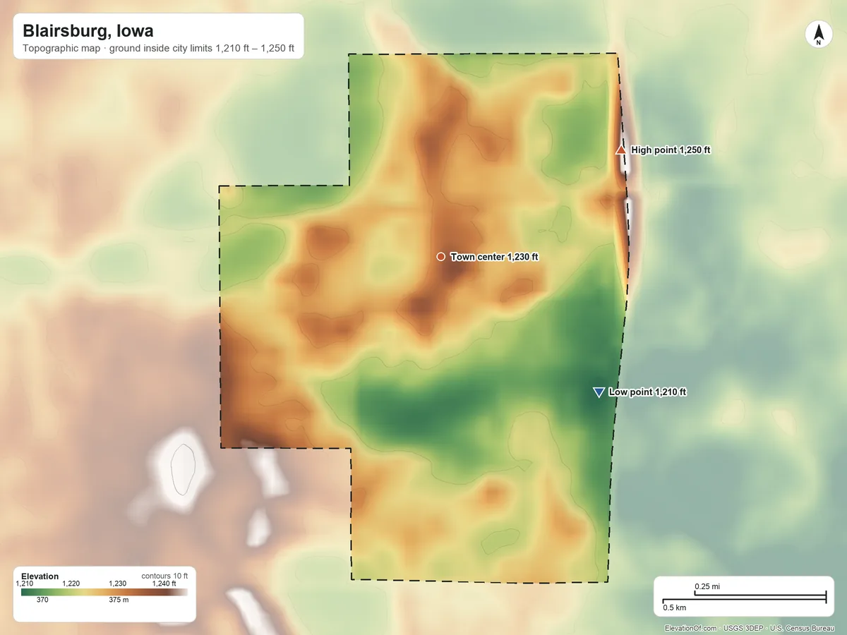 Topographic elevation map of Blairsburg, Iowa, shaded from 1,210 ft on the southeast side to 1,250 ft on the northeast side