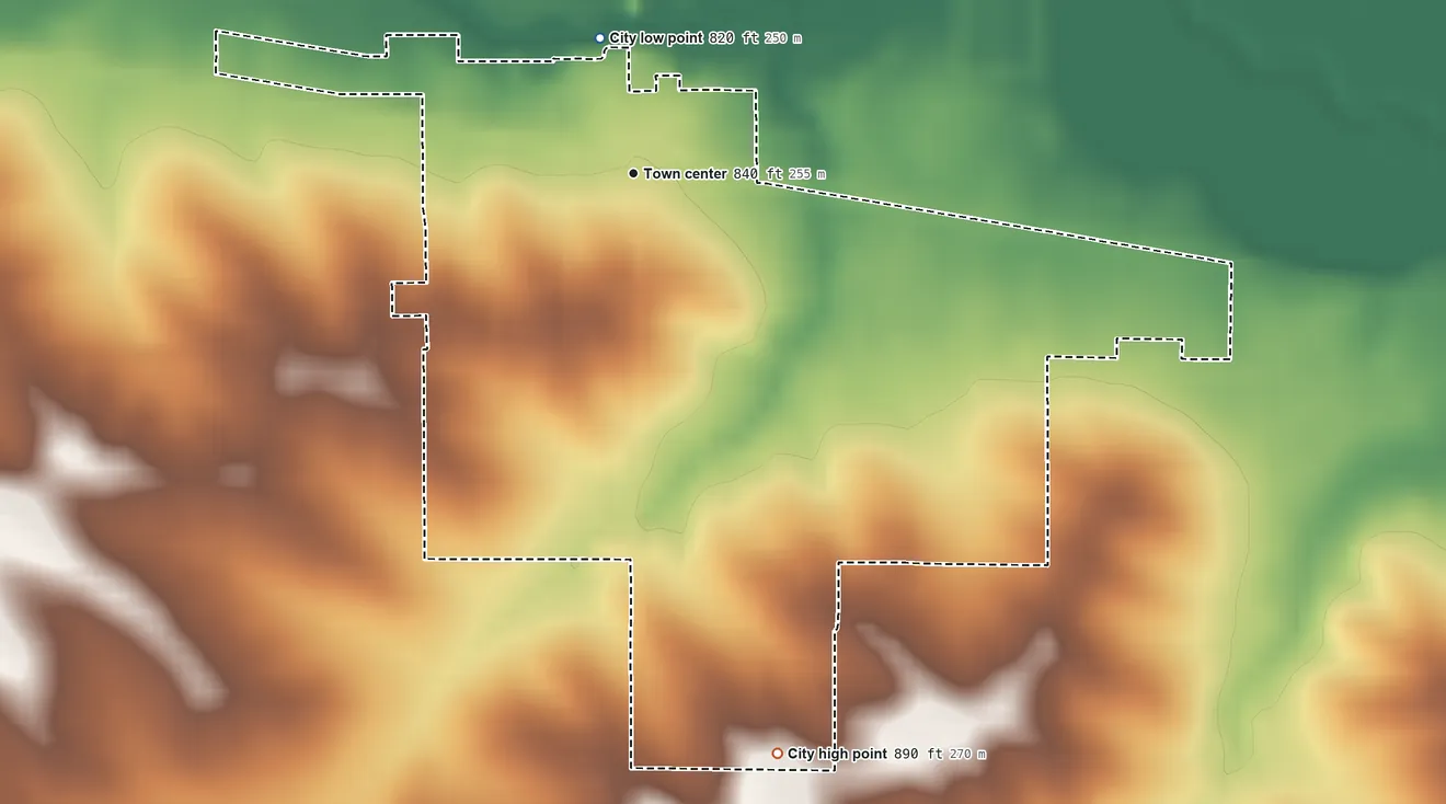 Topographic elevation map of Blairstown, Iowa, shaded from 820 ft on the north side to 890 ft on the south side
