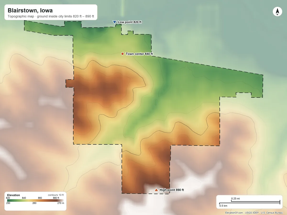 Topographic elevation map of Blairstown, Iowa, shaded from 820 ft on the north side to 890 ft on the south side