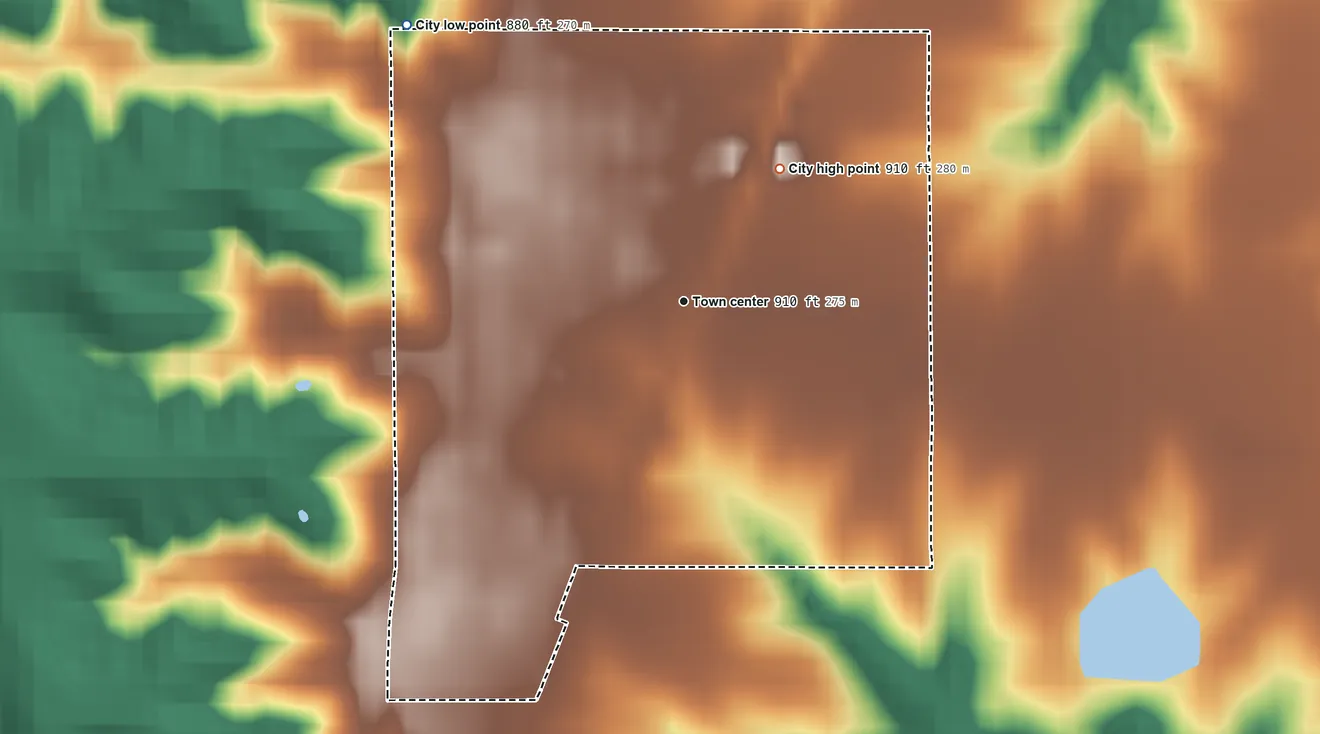 Topographic elevation map of Blakesburg, Iowa, shaded from 880 ft on the northwest side to 910 ft on the northeast side