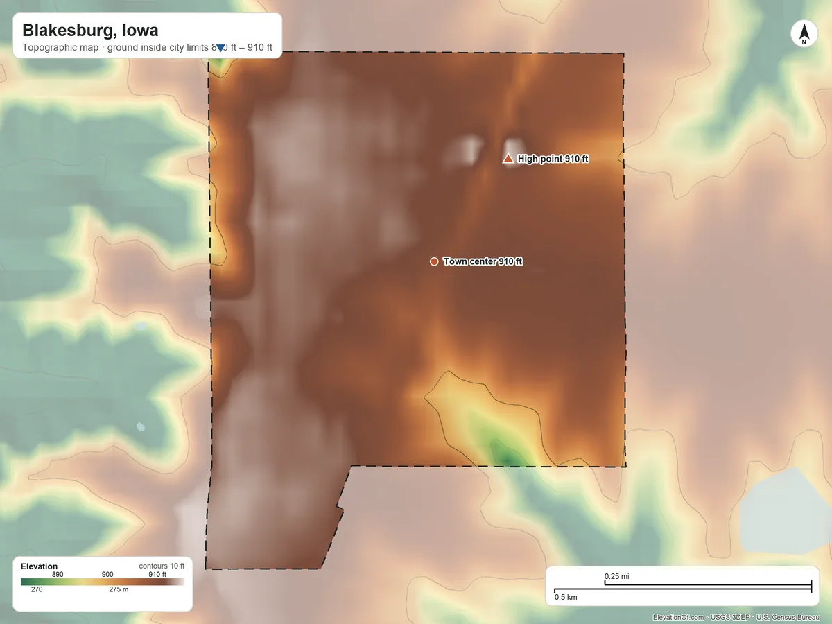 Topographic elevation map of Blakesburg, Iowa, shaded from 880 ft on the northwest side to 910 ft on the northeast side