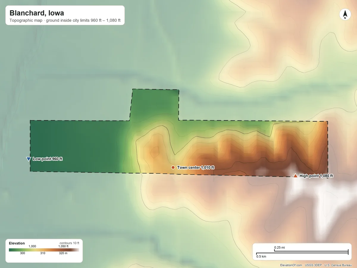 Topographic elevation map of Blanchard, Iowa, shaded from 960 ft on the west side to 1,080 ft on the east side