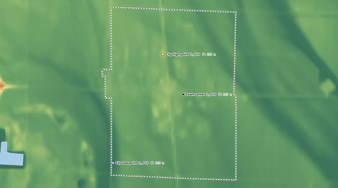 Topographic elevation map of Blencoe, Iowa, shaded from 1,040 ft on the southwest side to 1,040 ft on the northwest side