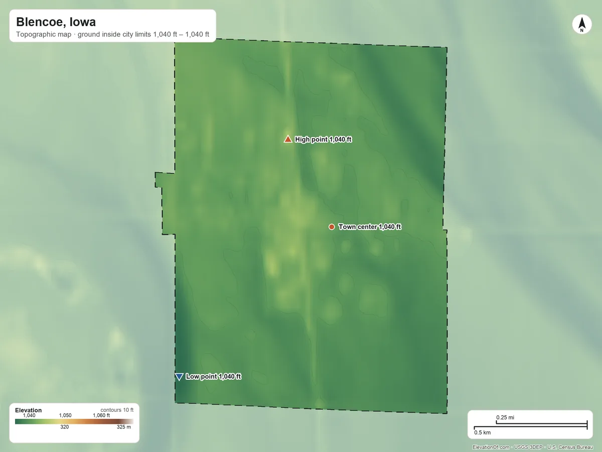 Topographic elevation map of Blencoe, Iowa, shaded from 1,040 ft on the southwest side to 1,040 ft on the northwest side