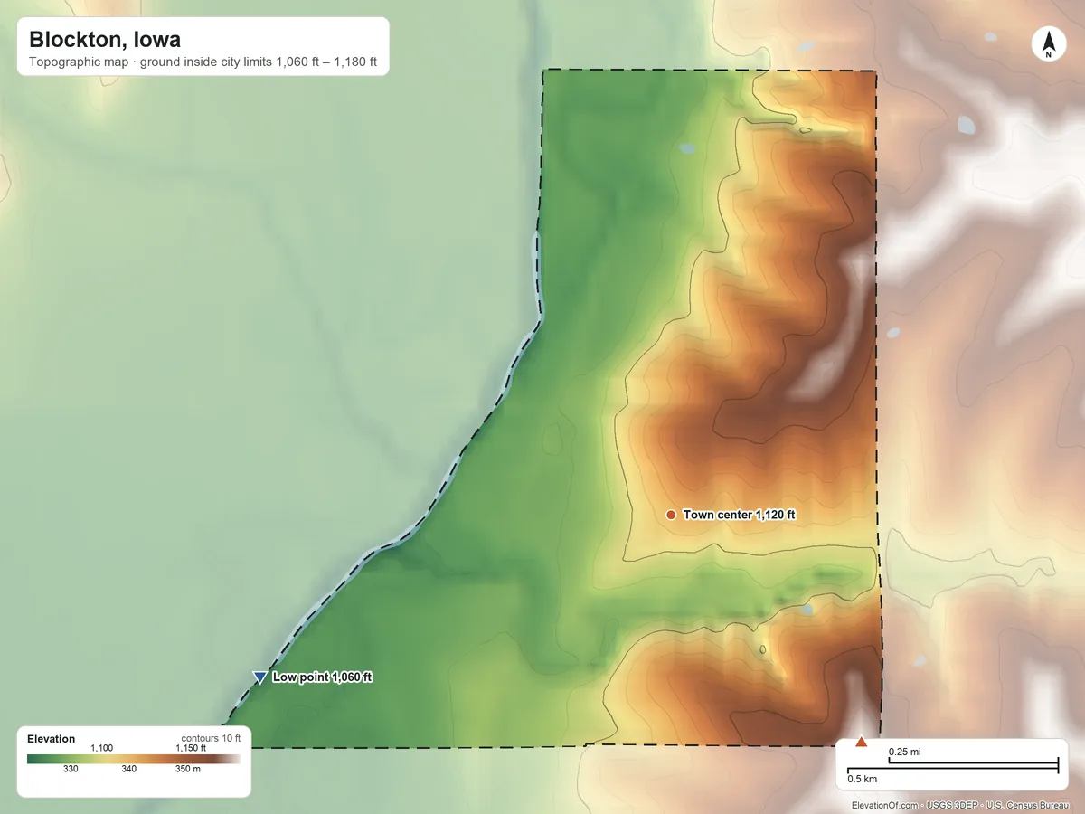 Topographic elevation map of Blockton, Iowa, shaded from 1,060 ft on the west side to 1,180 ft on the southeast side