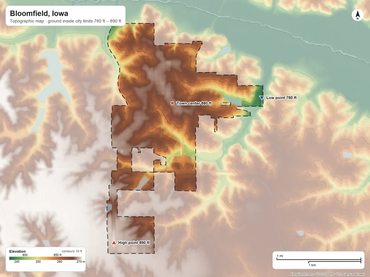 Topographic elevation map of Bloomfield, Iowa, shaded from 780 ft on the east side to 890 ft on the southwest side