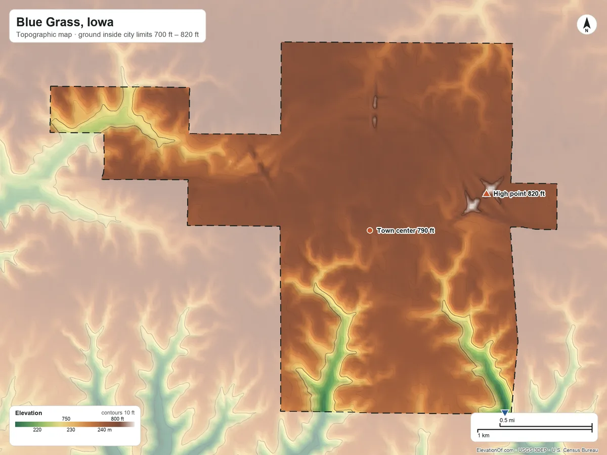 Topographic elevation map of Blue Grass, Iowa, shaded from 700 ft on the southeast side to 820 ft on the east side