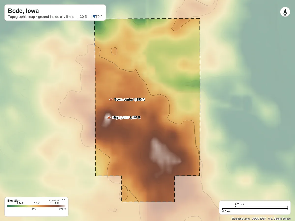 Topographic elevation map of Bode, Iowa, shaded from 1,130 ft on the north side to 1,170 ft near the middle