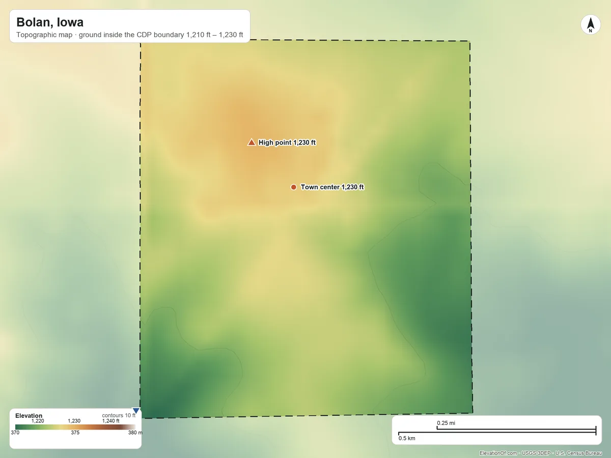 Topographic elevation map of Bolan, Iowa, shaded from 1,210 ft on the southwest side to 1,230 ft on the northwest side