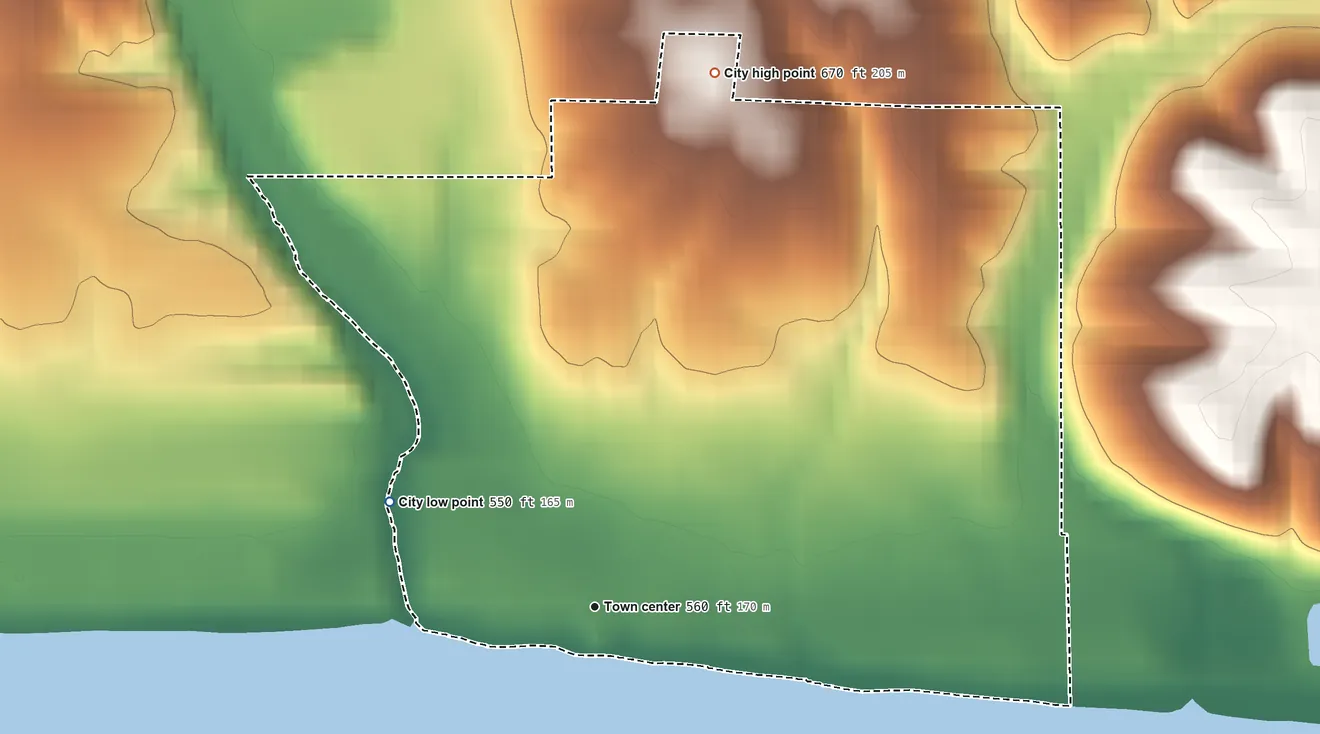 Topographic elevation map of Bonaparte, Iowa, shaded from 550 ft on the northwest side to 670 ft on the north side