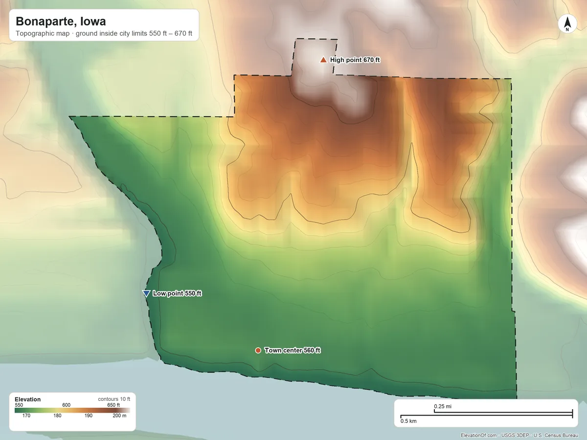 Topographic elevation map of Bonaparte, Iowa, shaded from 550 ft on the northwest side to 670 ft on the north side