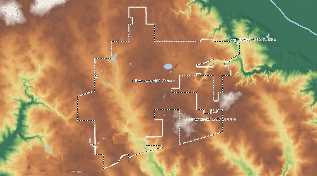 Topographic elevation map of Bondurant, Iowa, shaded from 880 ft on the northeast side to 1,000 ft on the southeast side