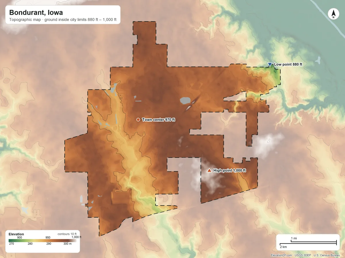 Topographic elevation map of Bondurant, Iowa, shaded from 880 ft on the northeast side to 1,000 ft on the southeast side