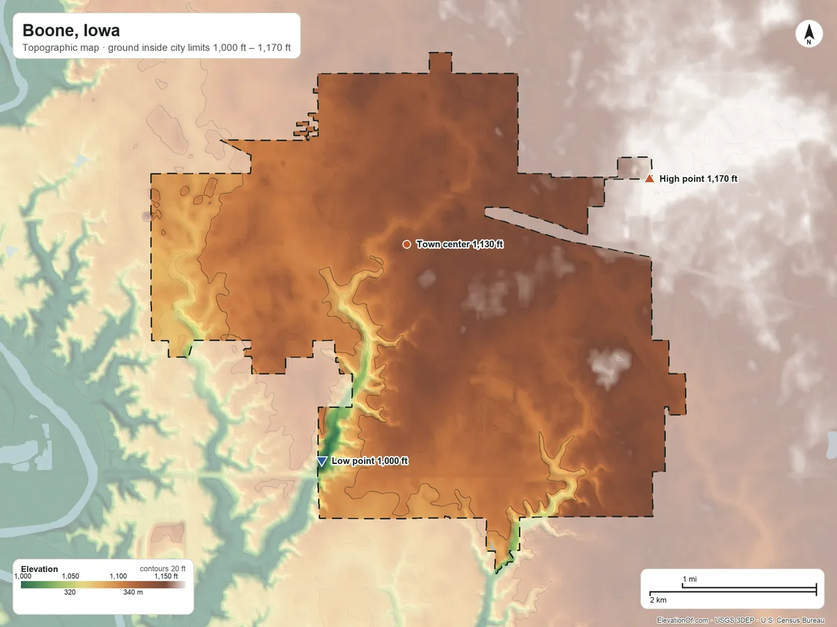 Topographic elevation map of Boone, Iowa, shaded from 1,000 ft on the south side to 1,170 ft on the east side