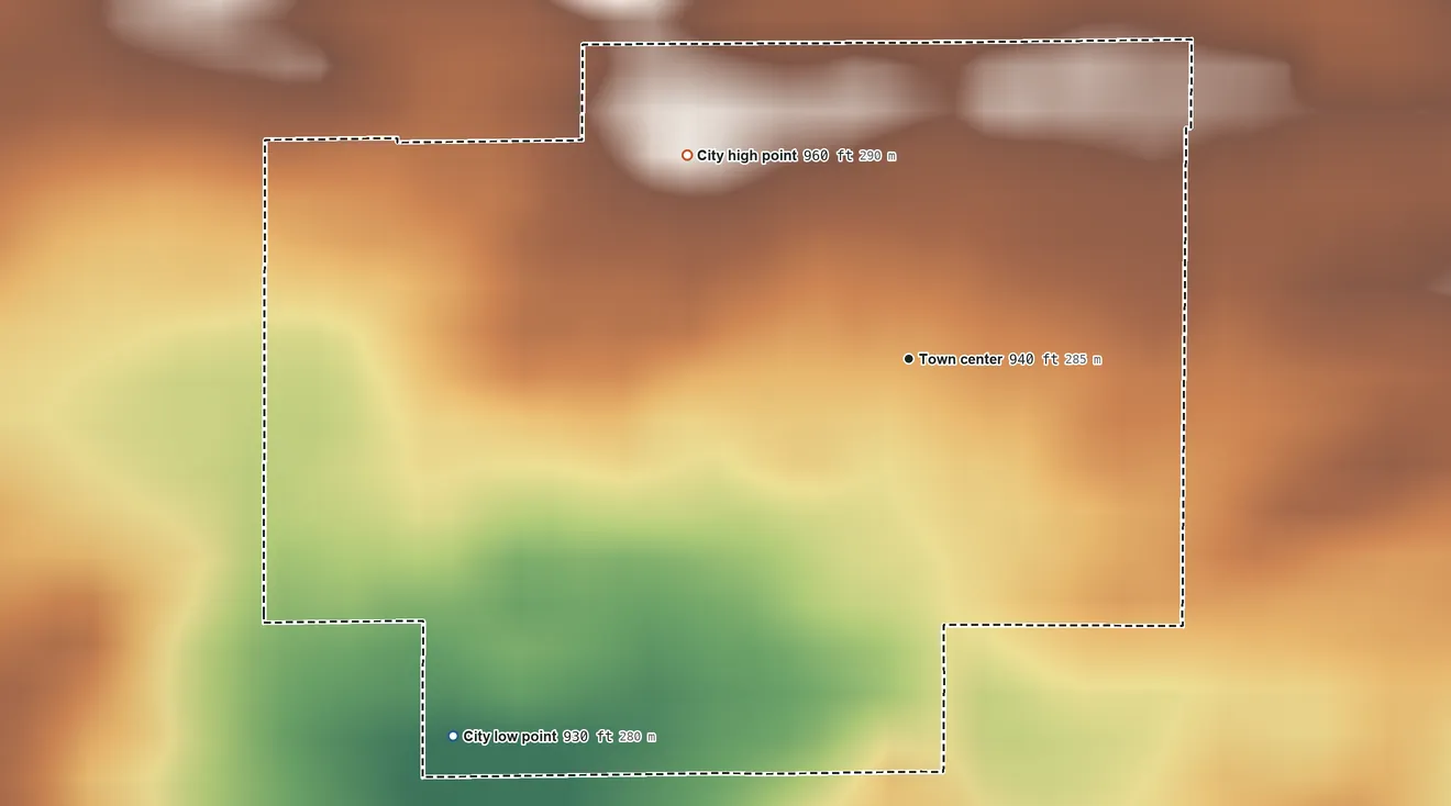 Topographic elevation map of Bouton, Iowa, shaded from 930 ft on the southwest side to 960 ft on the northwest side