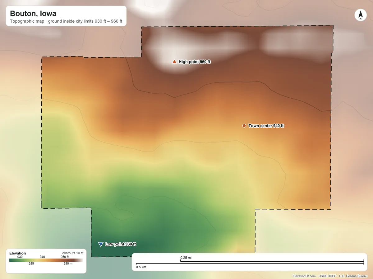 Topographic elevation map of Bouton, Iowa, shaded from 930 ft on the southwest side to 960 ft on the northwest side