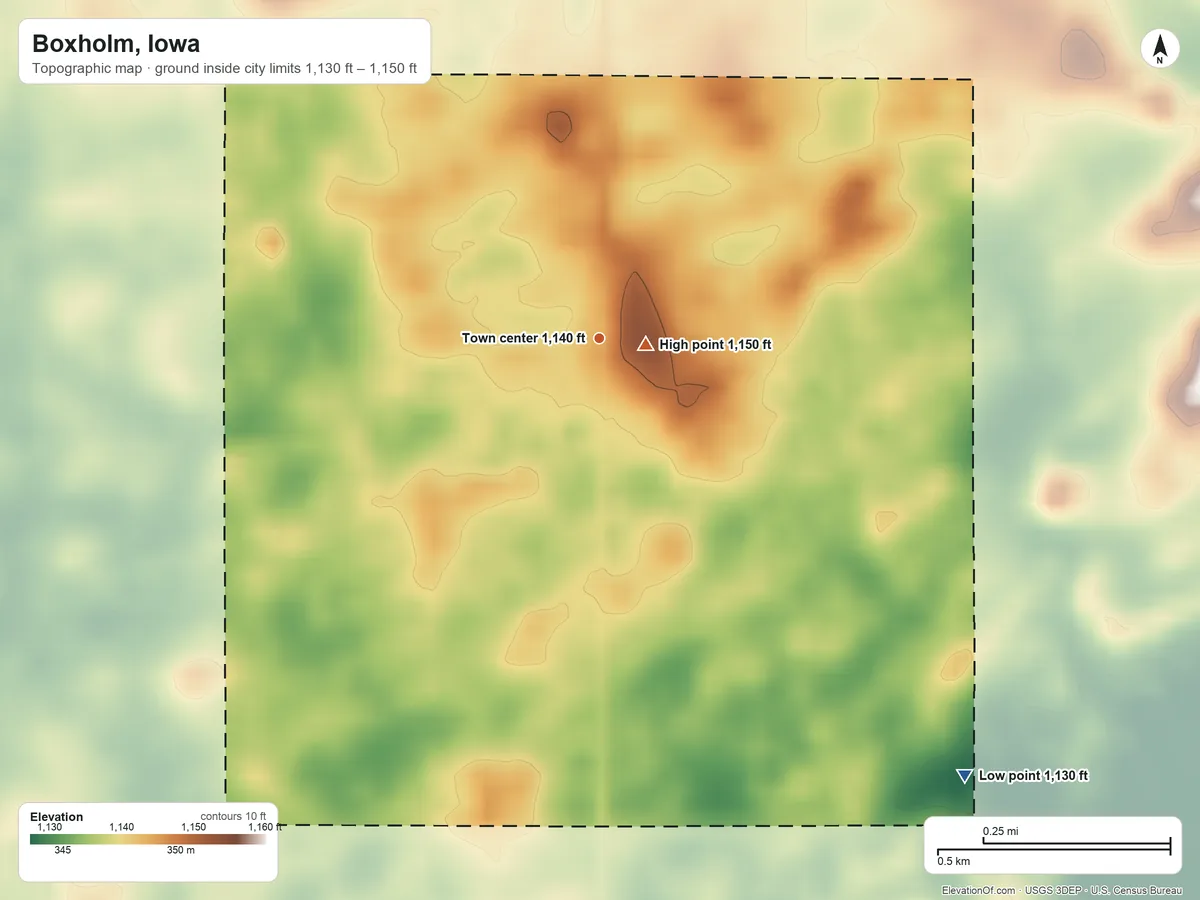 Topographic elevation map of Boxholm, Iowa, shaded from 1,130 ft on the southeast side to 1,150 ft near the middle
