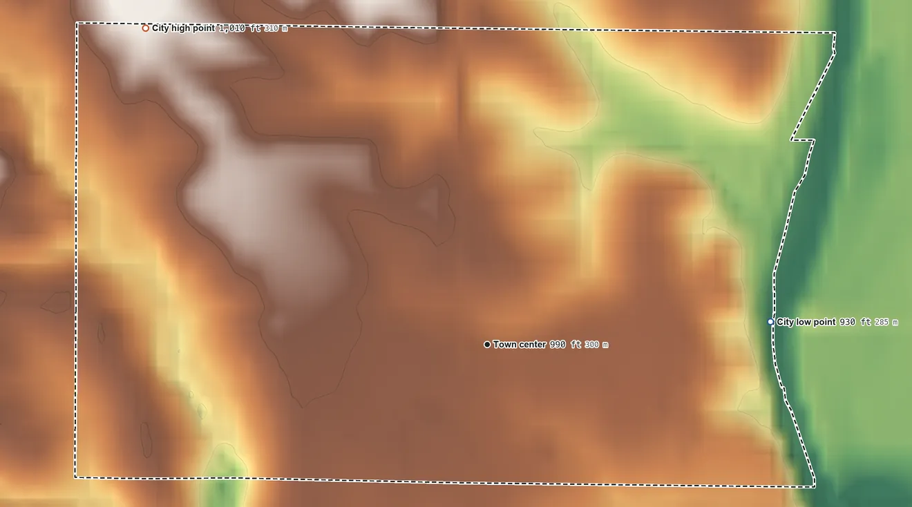 Topographic elevation map of Braddyville, Iowa, shaded from 930 ft on the east side to 1,010 ft on the northwest side