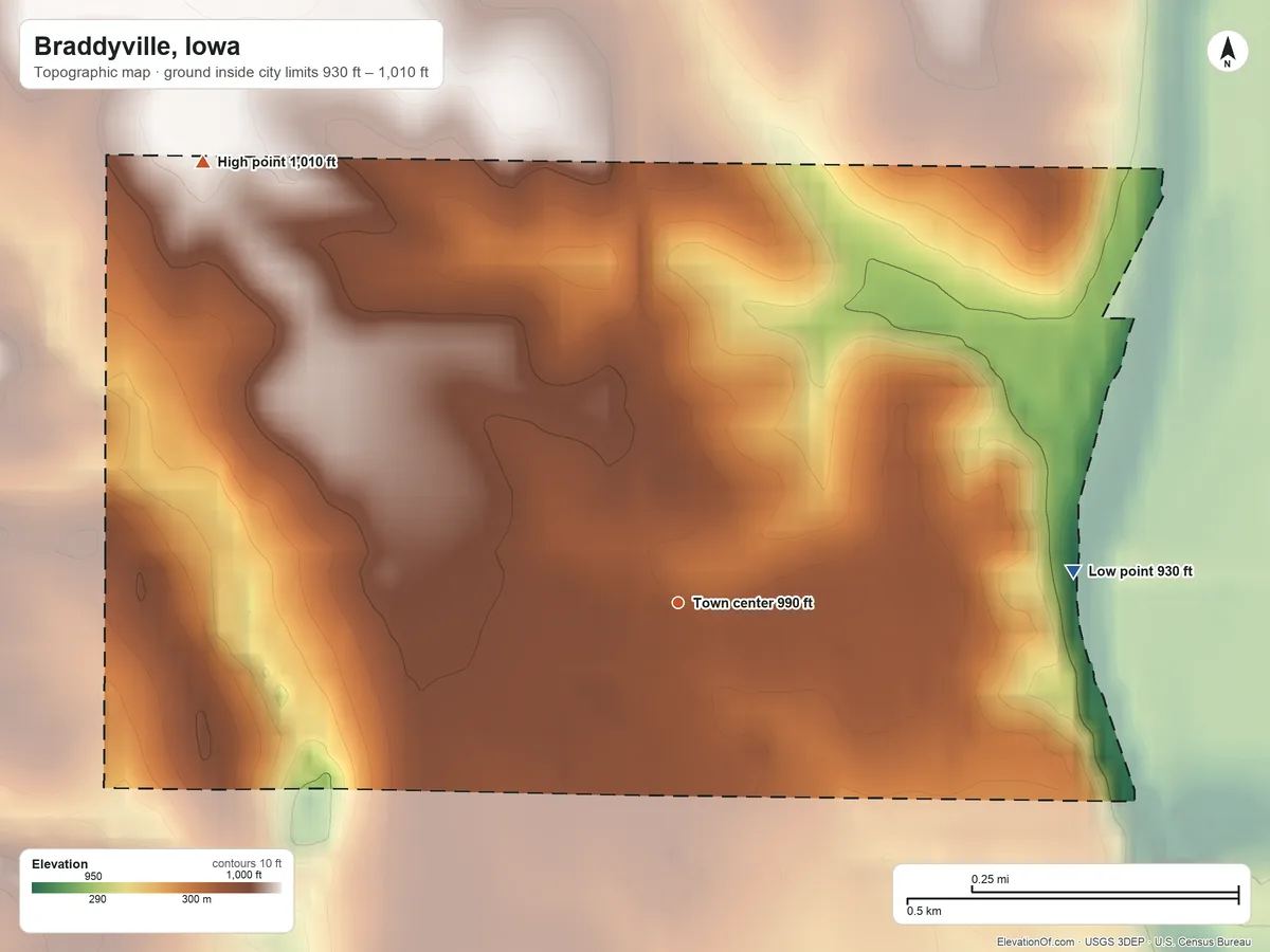 Topographic elevation map of Braddyville, Iowa, shaded from 930 ft on the east side to 1,010 ft on the northwest side