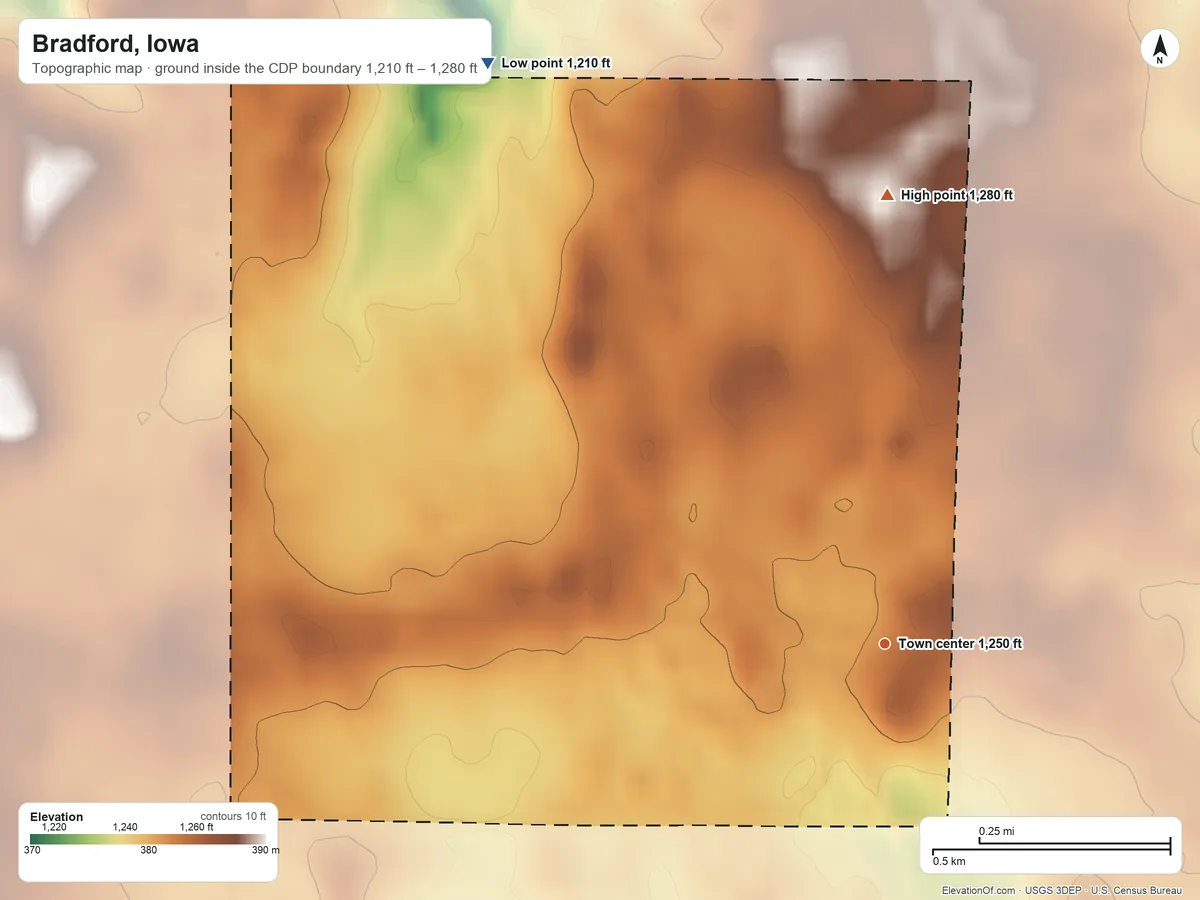 Topographic elevation map of Bradford, Iowa, shaded from 1,210 ft on the northwest side to 1,280 ft on the north side